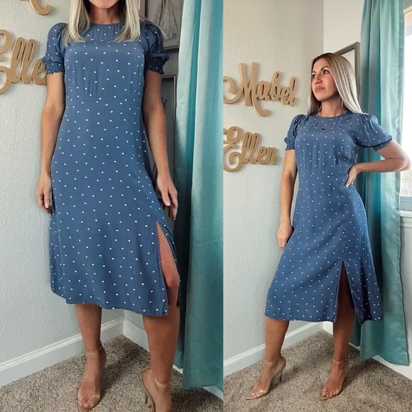 LOFT | Dresses | Loft Blue And White Aline Midi Dress With Puff Sleeves  Petite 4 | Poshmark